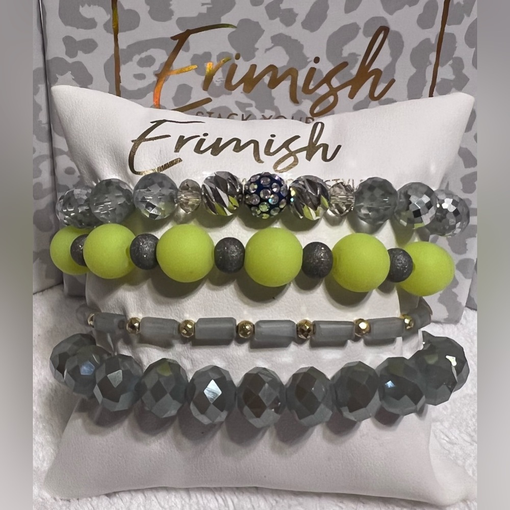 Brand New ERIMISH Bracelets 4 pc Stack Lemon Yellow, Lt Gray & Silver Shamballa